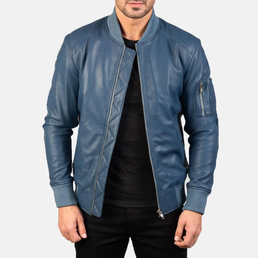 Mens Sapphire Blue Leather Bomber Jacket