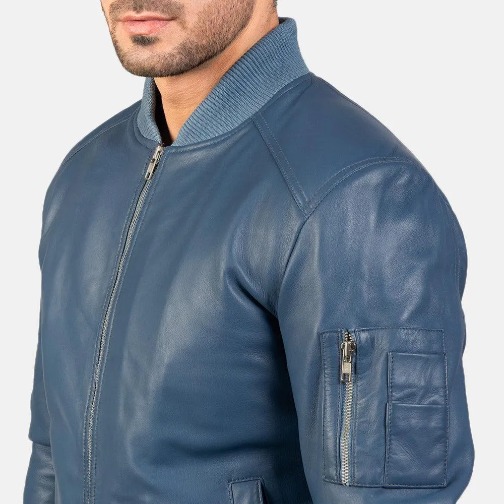 Mens Sapphire Blue Leather Bomber Jacket