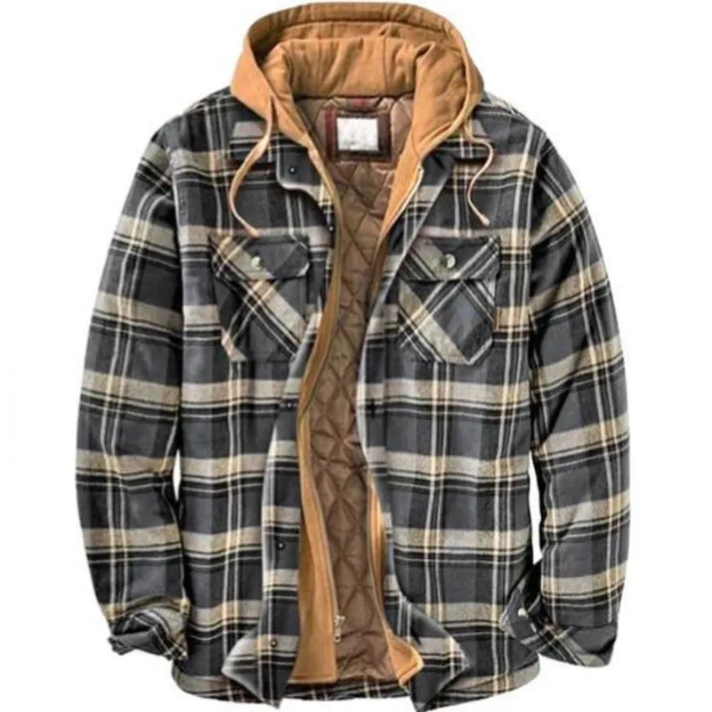 Men's Thick Cotton Plaid Long Sleeve Loose Hooded Jacket 09326611L