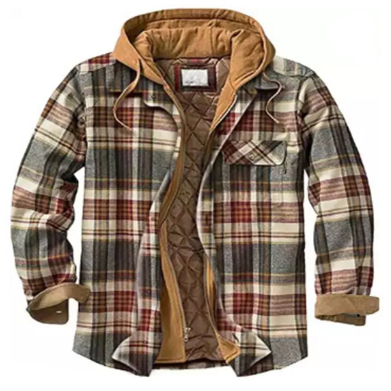 Men's Thick Cotton Plaid Long Sleeve Loose Hooded Jacket 09326611L