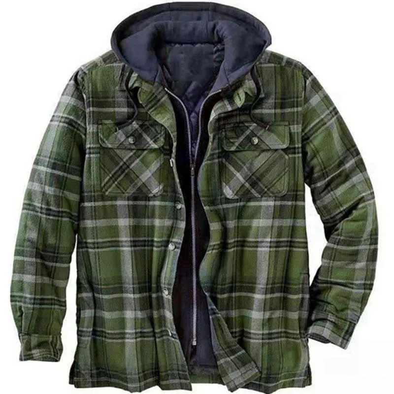 Men's Thick Cotton Plaid Long Sleeve Loose Hooded Jacket 09326611L