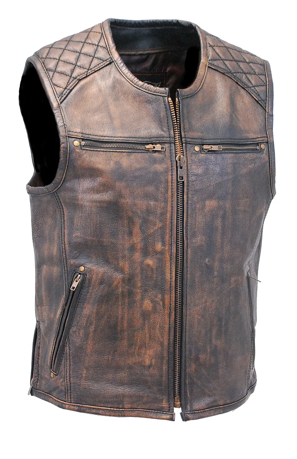 Men's Vintage Brown Quilt Leather Concealed Pocket Vest #VMA6714QGN ()