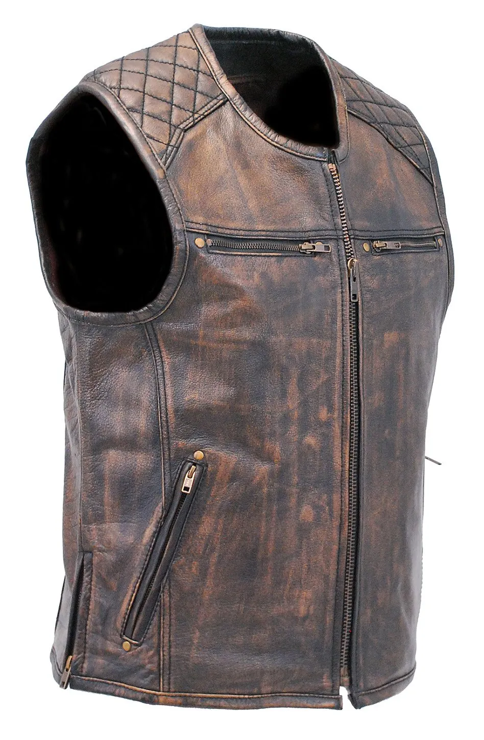 Men's Vintage Brown Quilt Leather Concealed Pocket Vest #VMA6714QGN ()