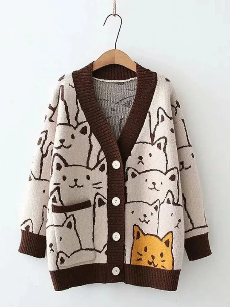 Metaversmall Cartoon Cat knitted cardigans Jumper Autumn Winter Womens Harajuku Sweater coat O-Neck Long Sleeve cardigan