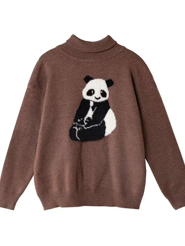 Metaversmall Turtlenek Sweaters For Women Ladies Cartoon Panda Embroidery Cute Knitted Pulover Winter Teenagr Girl Long Sleeve Warm Tops