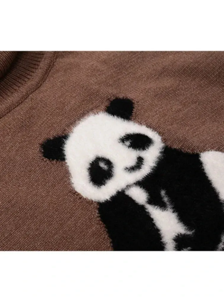 Metaversmall Turtlenek Sweaters For Women Ladies Cartoon Panda Embroidery Cute Knitted Pulover Winter Teenagr Girl Long Sleeve Warm Tops