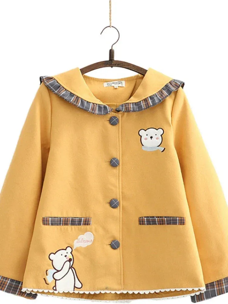 Metaversmall Women Jackets Cartoon Bear Embroidery Single Breasted Coat Autumn Winter Flare Sleeve Sailor Collar Sweet Style Outwears