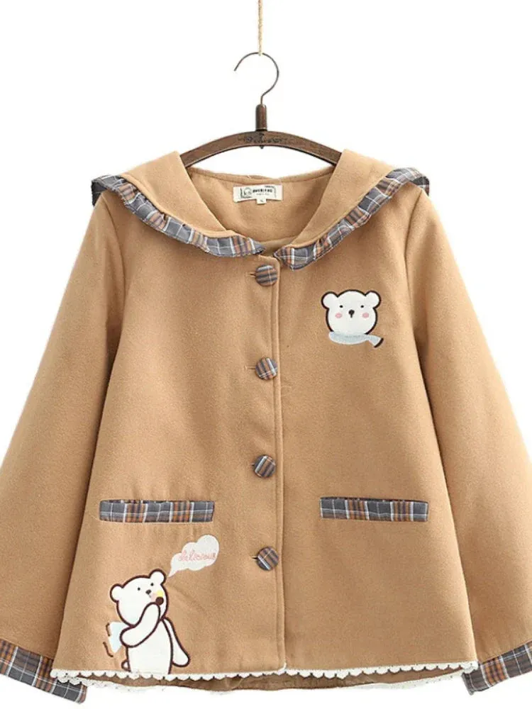 Metaversmall Women Jackets Cartoon Bear Embroidery Single Breasted Coat Autumn Winter Flare Sleeve Sailor Collar Sweet Style Outwears