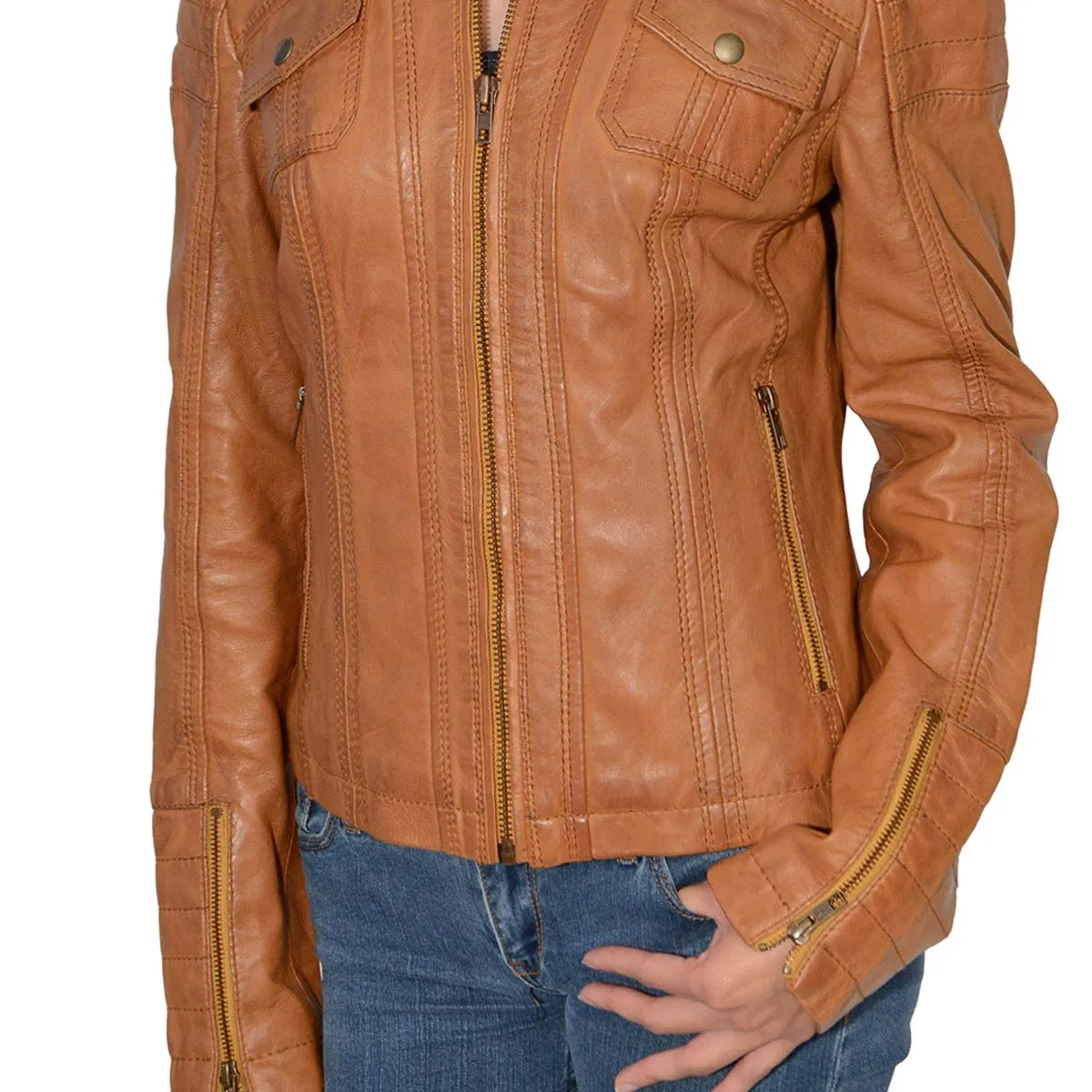 Milwaukee Leather SFL2805 Women's Cognac 'Quilted' Mandarin Collar Fashion Casual Leather Jacket