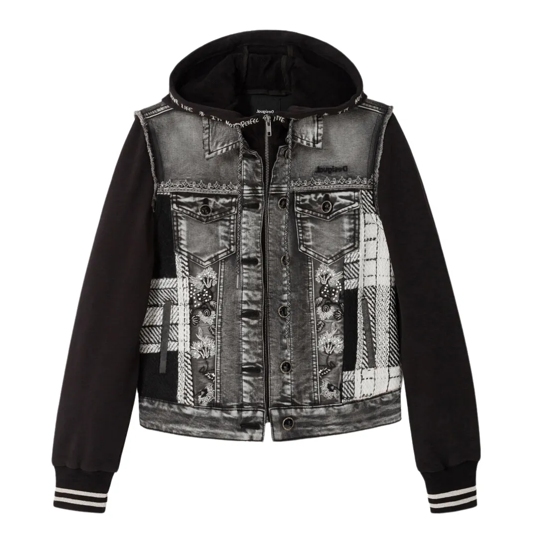 Mixed Fabric Hooded Denim Jacket