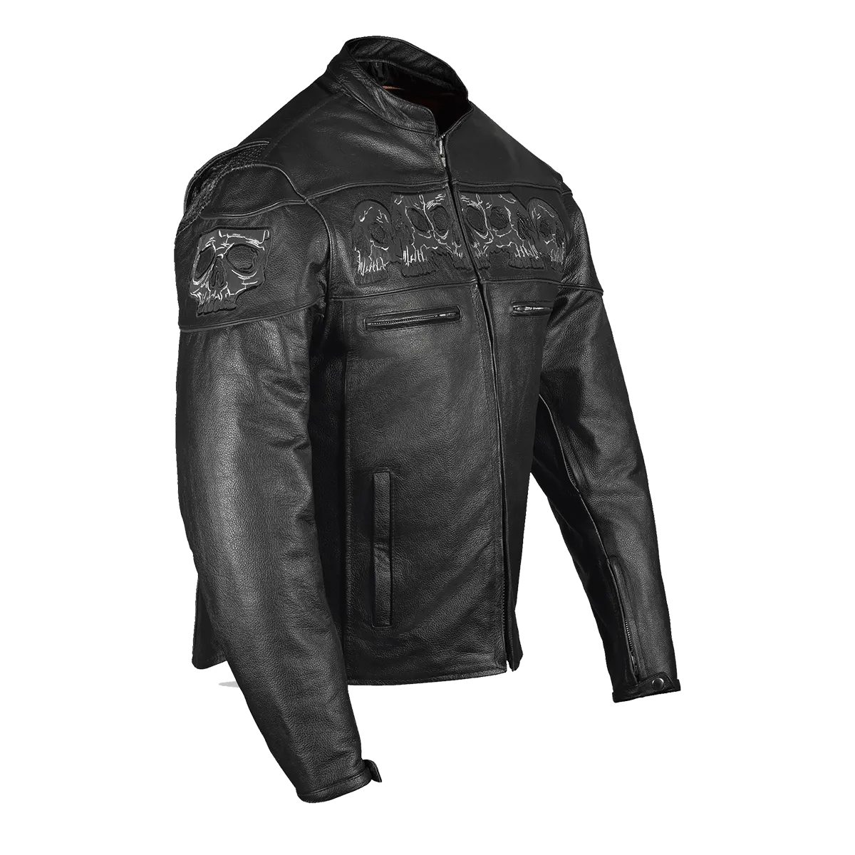 MJ535 Reflective Skull Premium Cowhide Leather Motorcycle Jacket