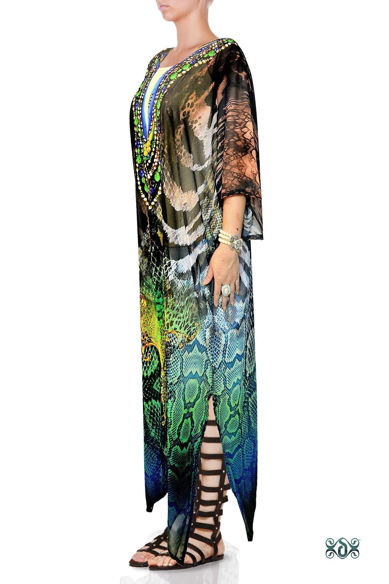 NATURE MORTE Exotic Snake Prints Devarshy Long Georgette Kimono Jacket - 003A