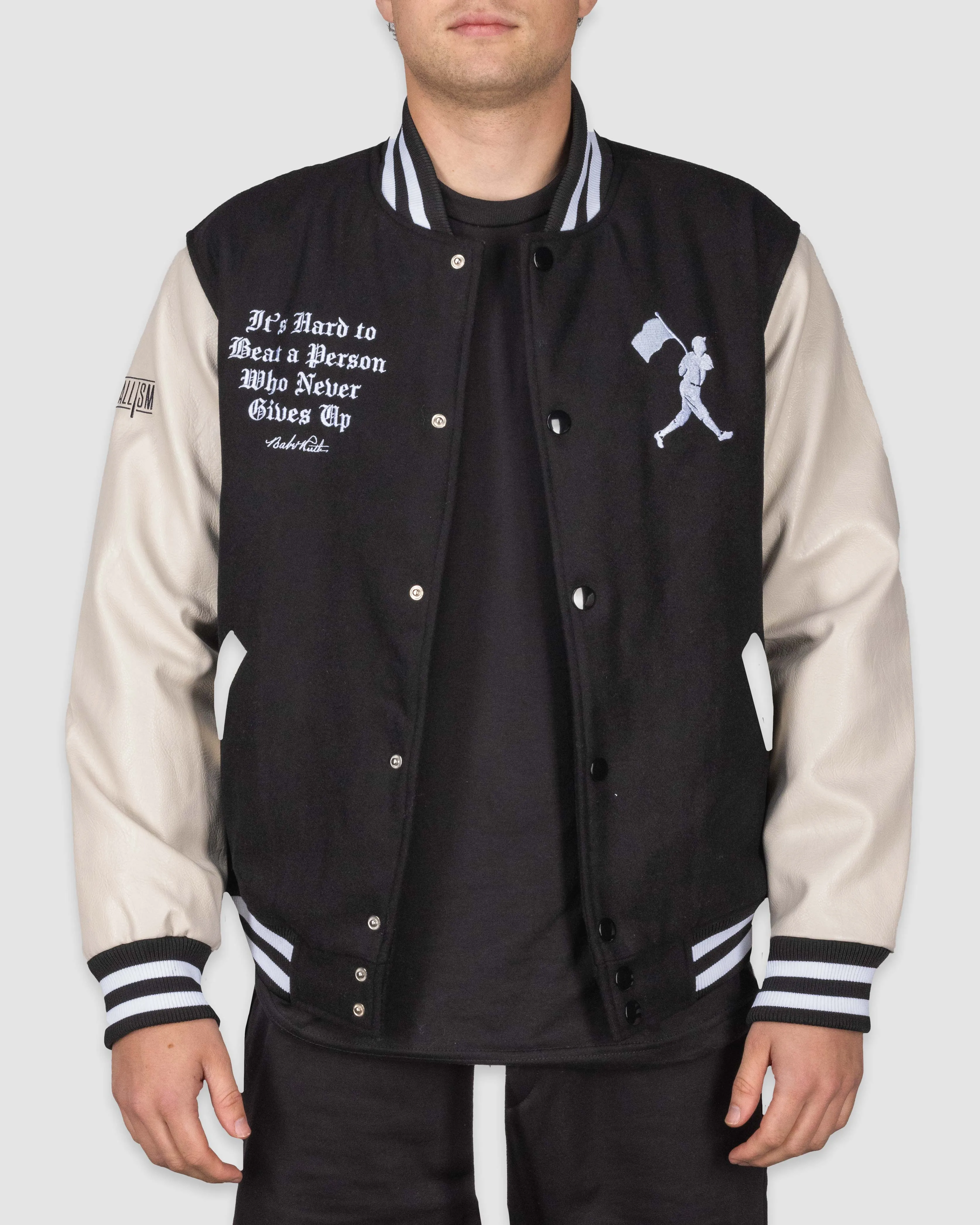 Never Give Up Varsity Jacket - Faded Eyeblack/Home Ivory