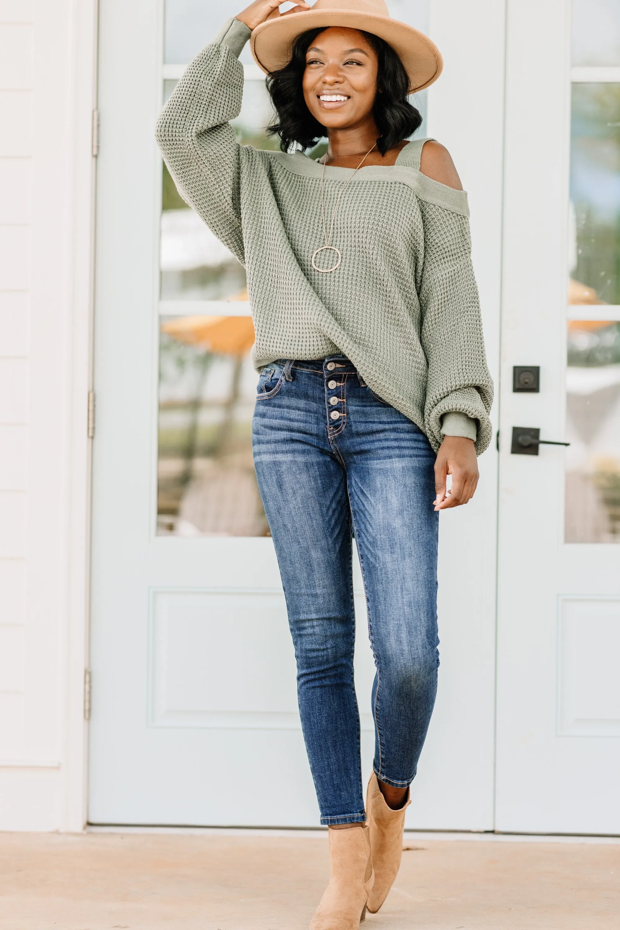 Only The Beginning Sage Green Waffle Sweater