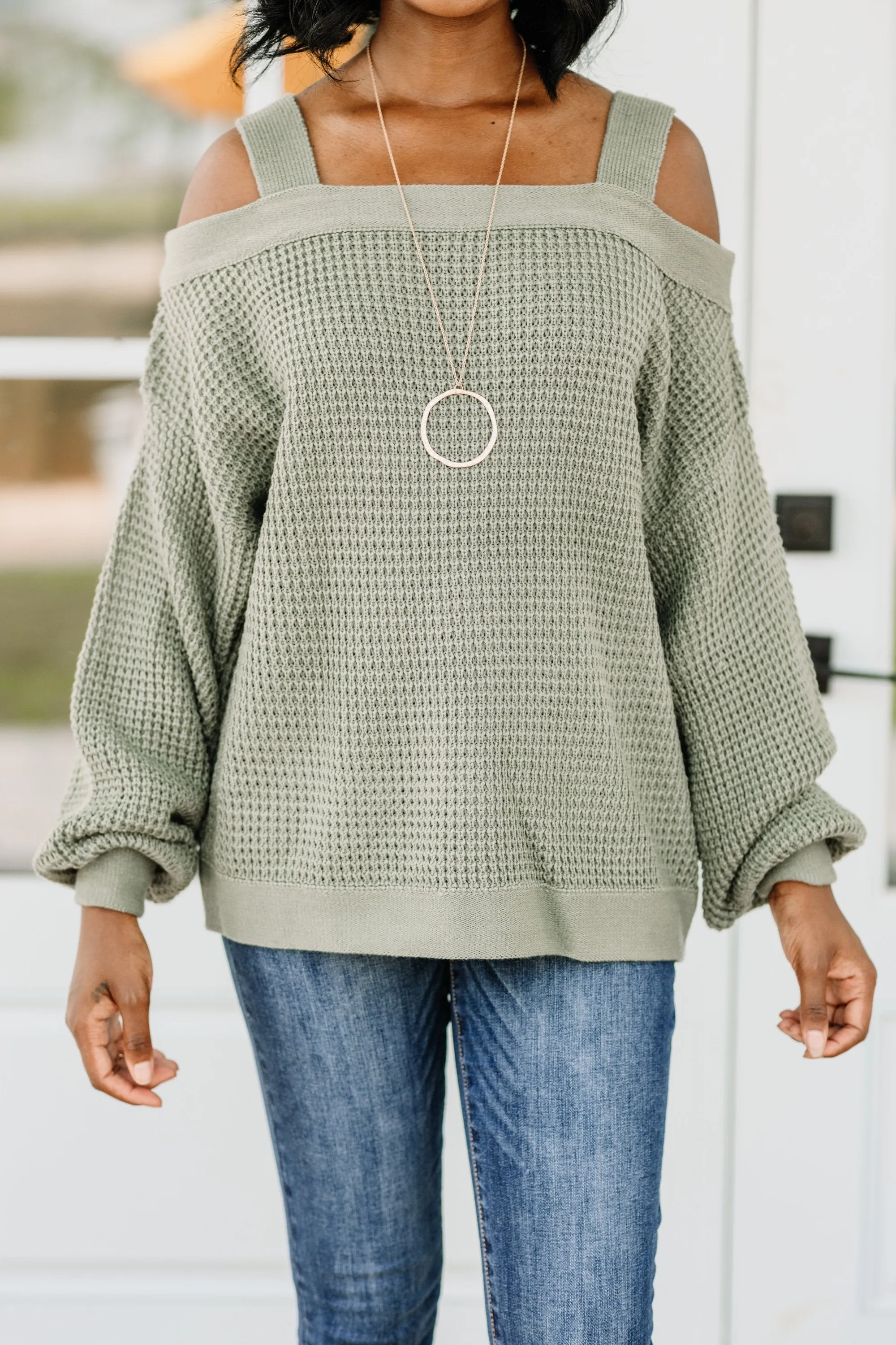 Only The Beginning Sage Green Waffle Sweater