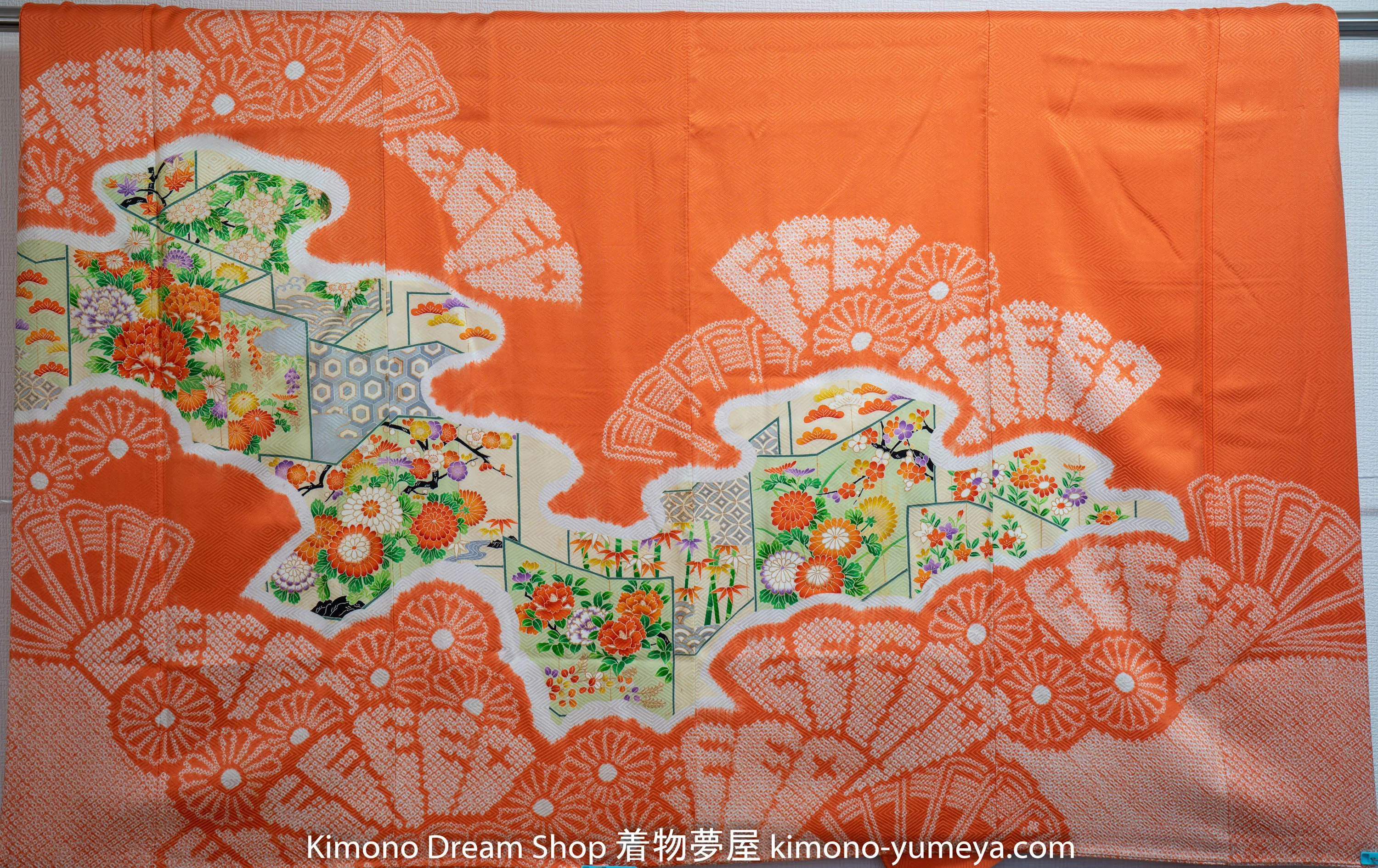 Orange Tie Dye Homongi - Formal Women's Kimono Silk Kanoko Deer Fawn Spots Shibori Embroidery Sakura