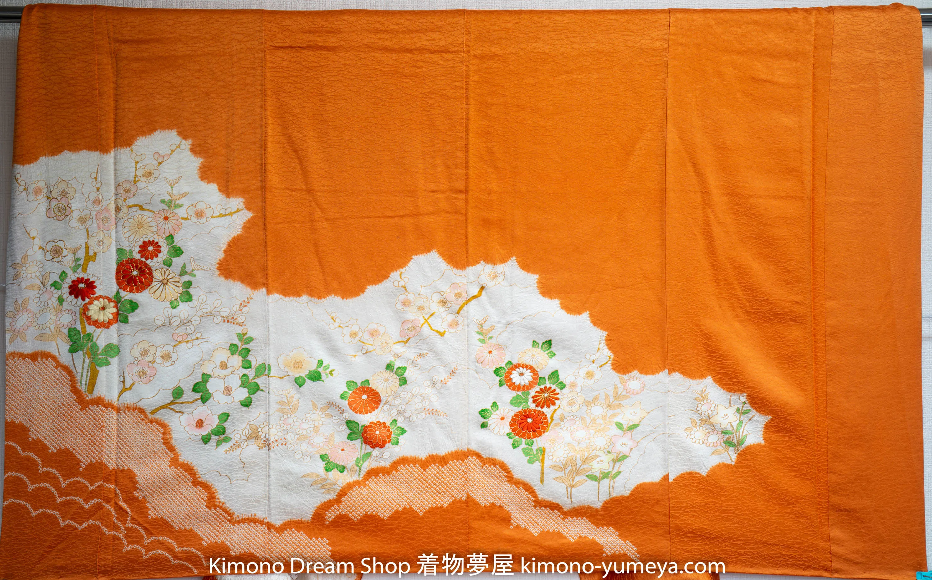 Orange Tie Dye Homongi Silk Kanoko Deer Fawn Spots Shibori Chrysanthemum Sakura Cherry Blossom