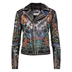 Philipp Plein Biker Tattoo Leather Jacket Size S