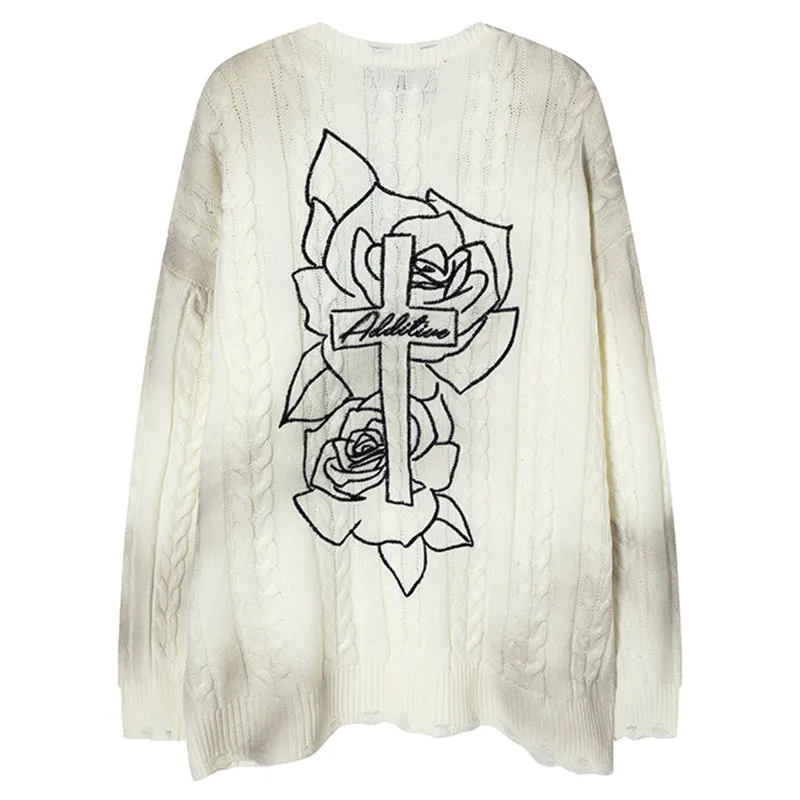 PopFlying Tie Dye Distressed Knit Sweater Rose Cross