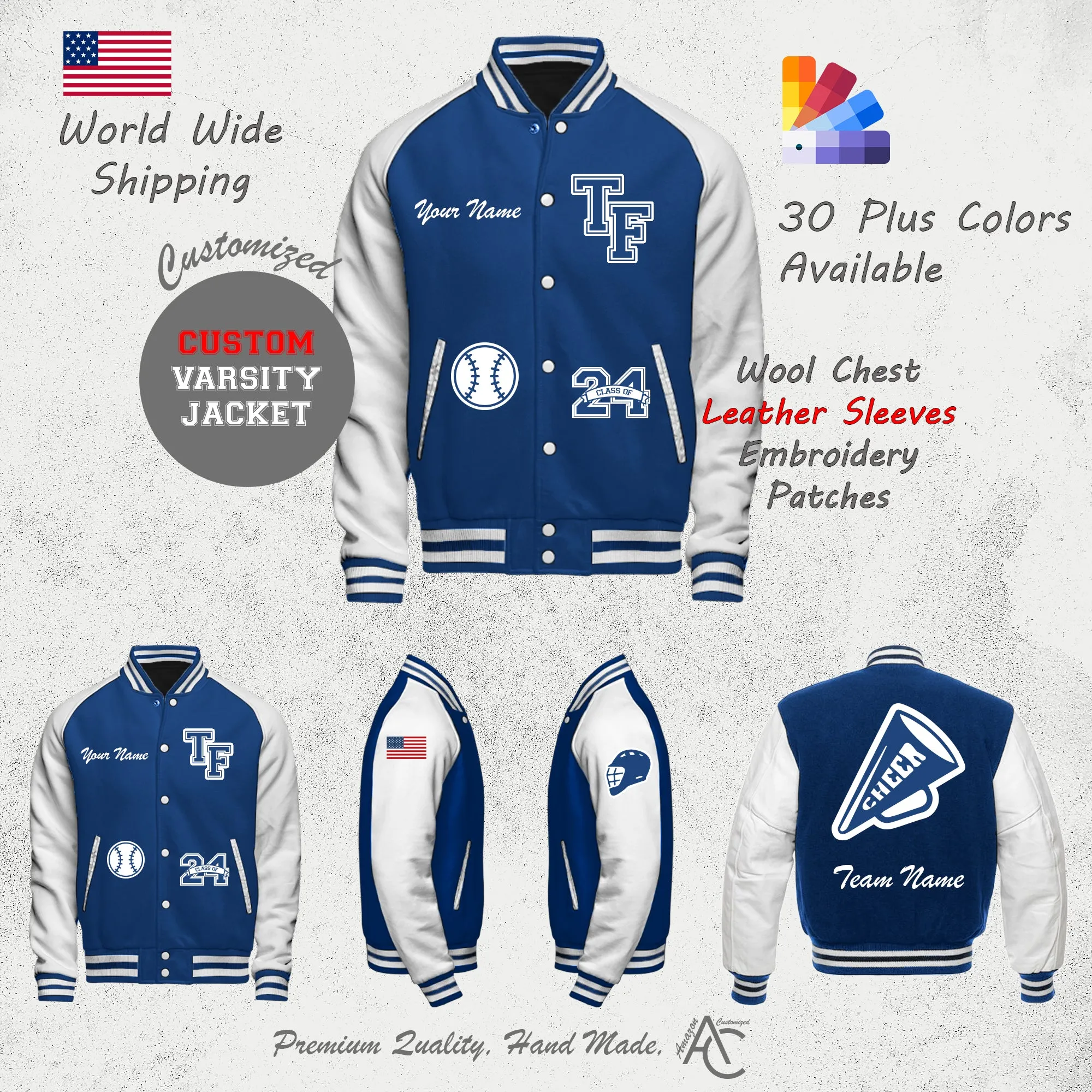 Premium Letter Custom Varsity Letterman Jackets For Men with Genuine Cowhide Leather Sleeves - Blue White