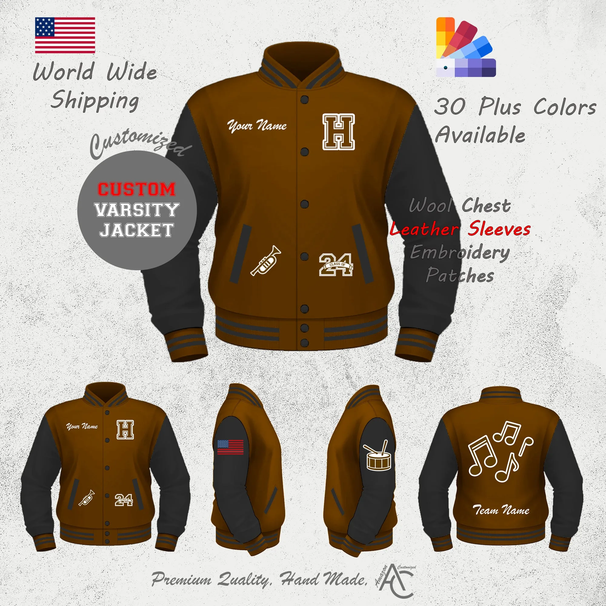 Premium Letter Custom Varsity Letterman Jackets For Men with Genuine Cowhide Leather Sleeves - Brown Black