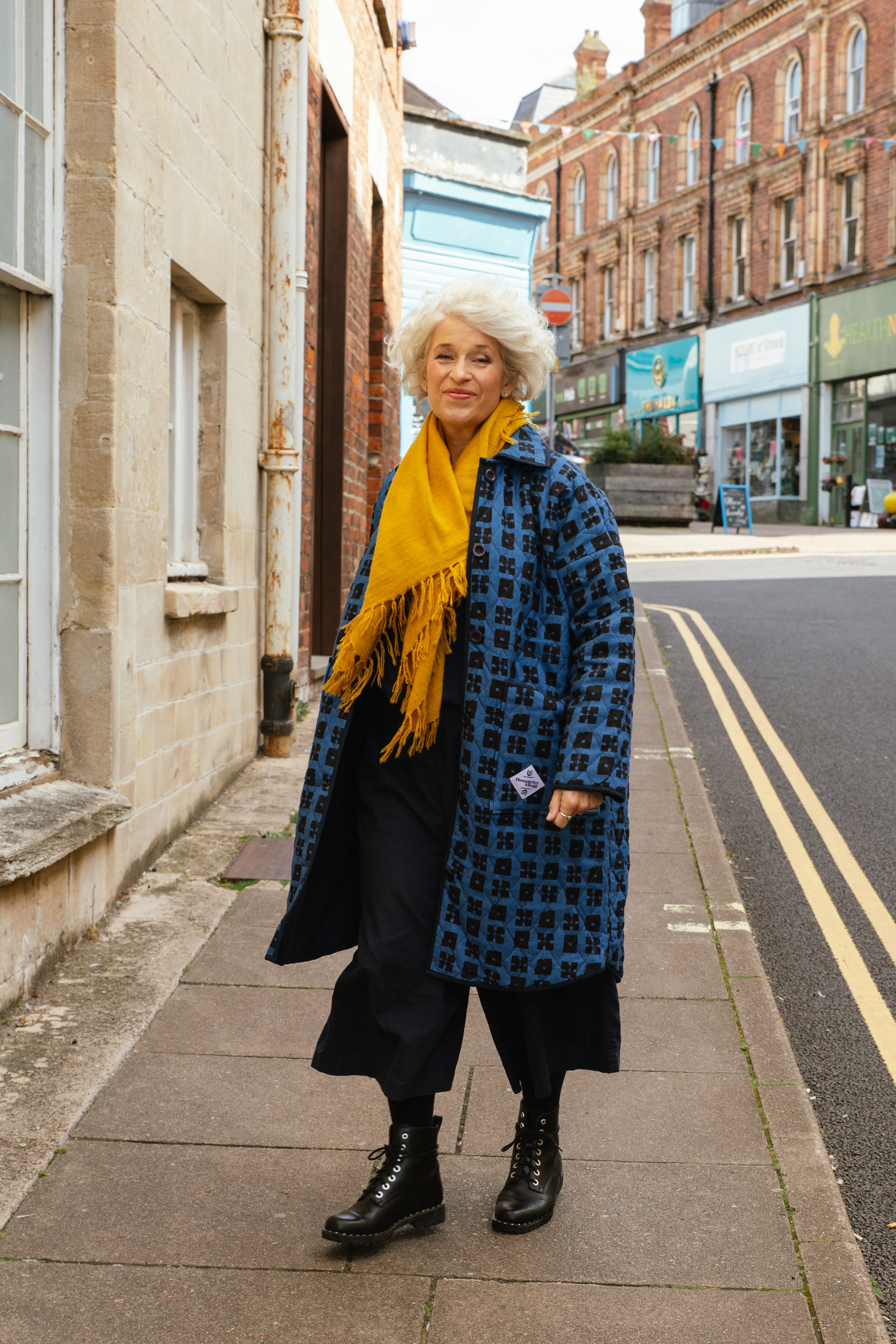 Quilted Overcoat in 'Indigo Chess Set'