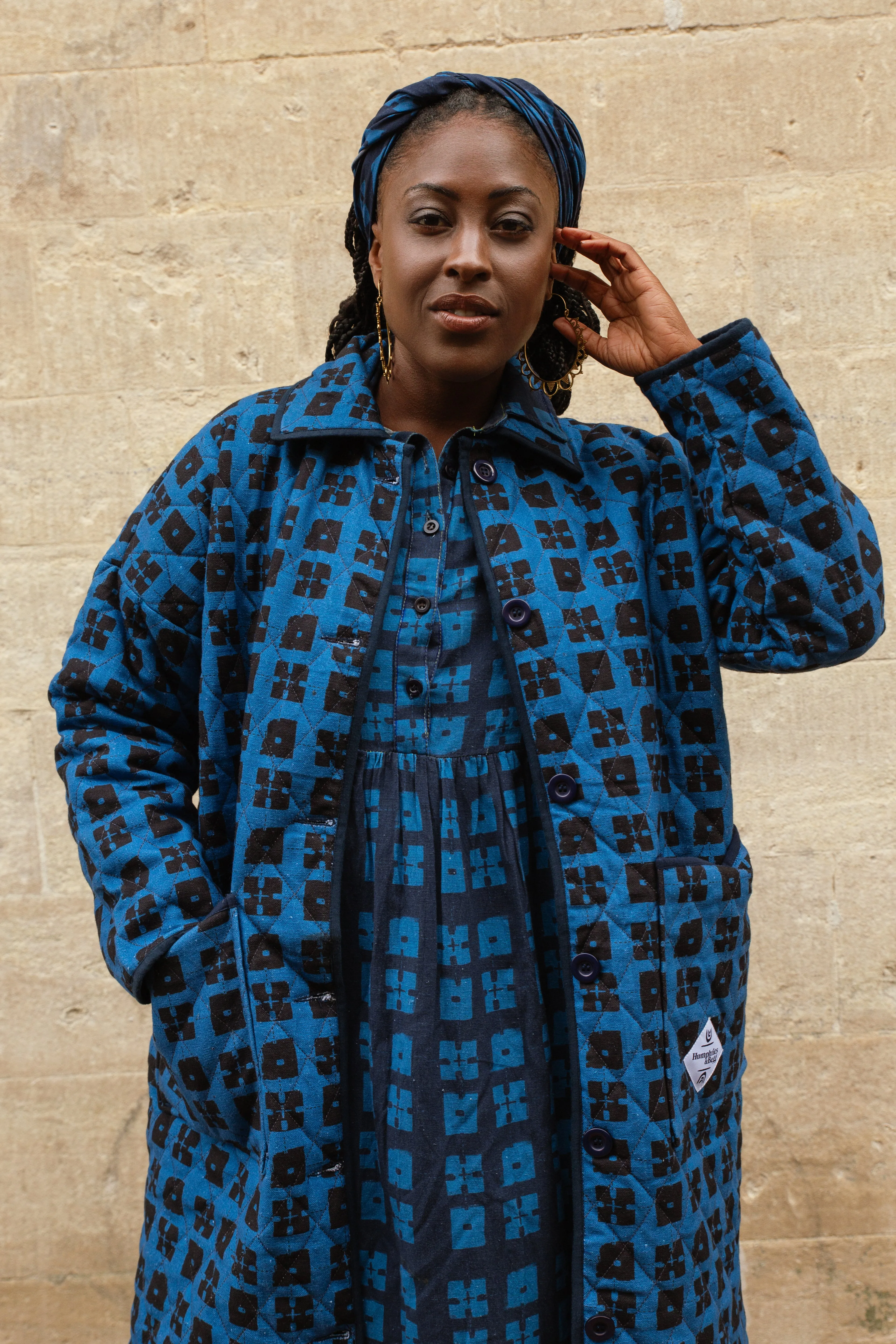 Quilted Overcoat in 'Indigo Chess Set'