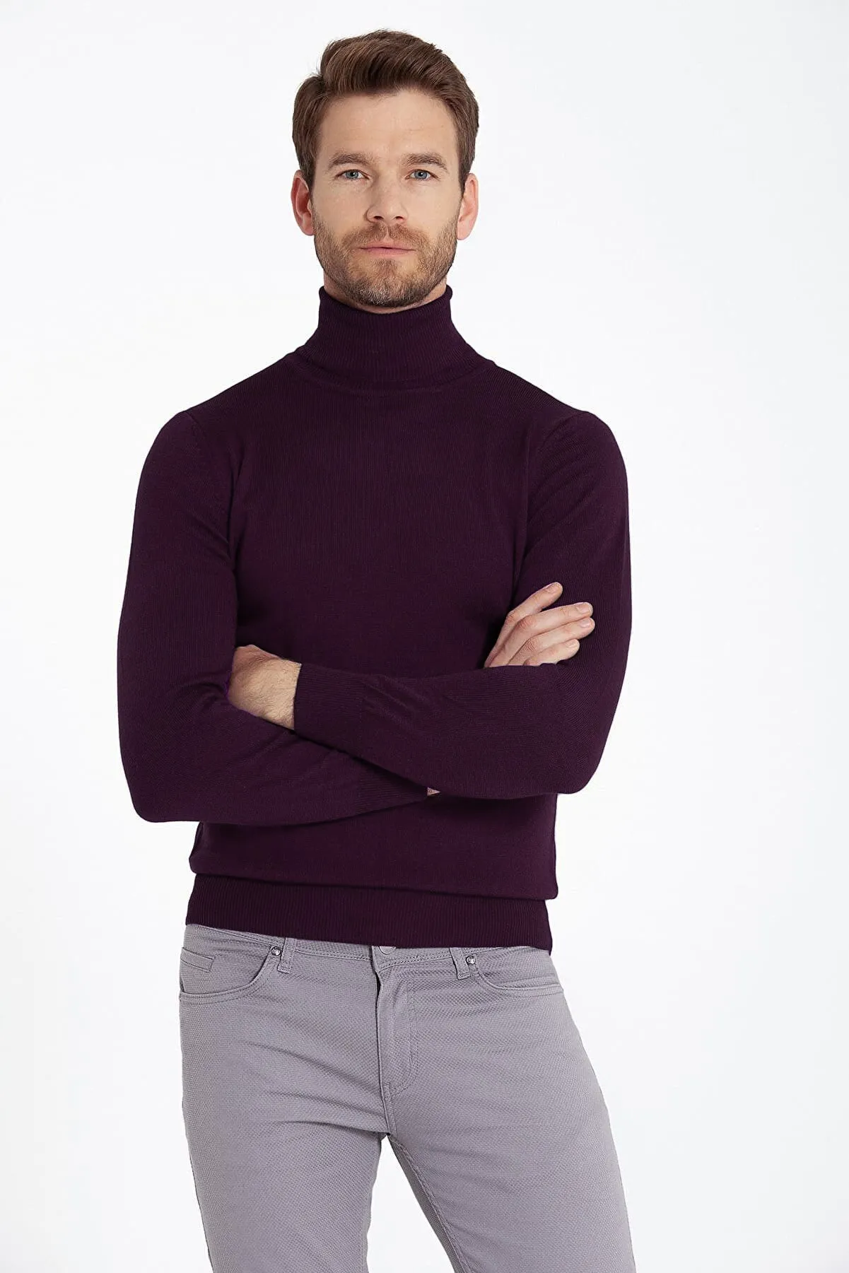 Regular Fit Basic Plain Purple Turtleneck Sweater