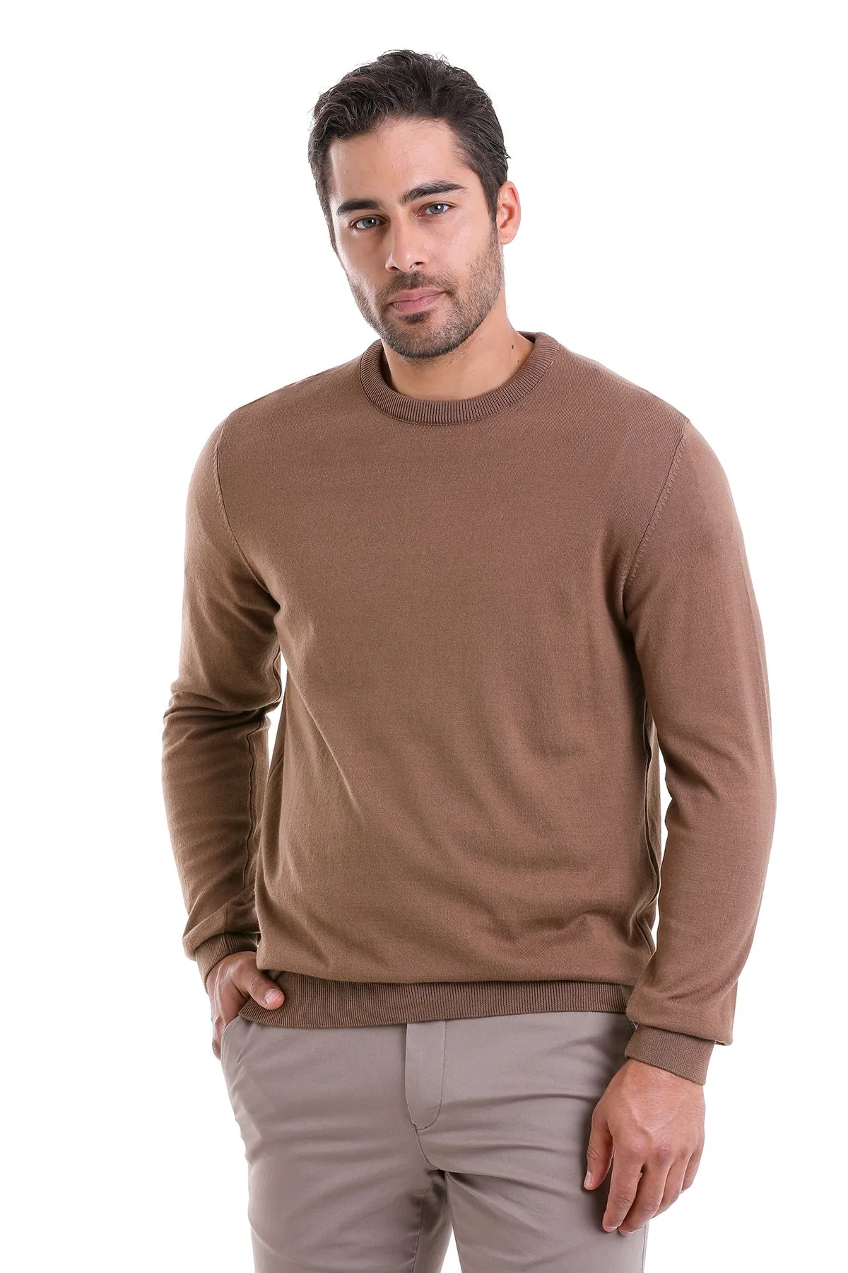 Regular Fit Cotton Tobacco Crewneck Sweater