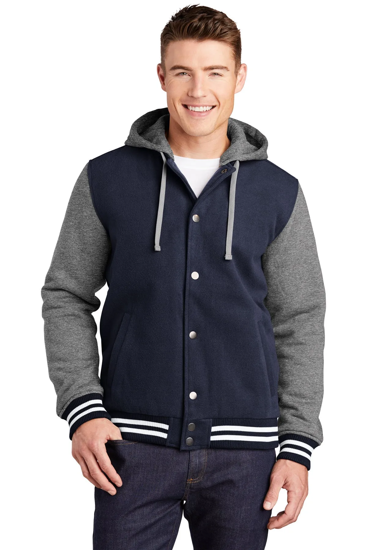 Sport-Tek Insulated Customized Letterman Jackets, True Navy/ Vintage Heather