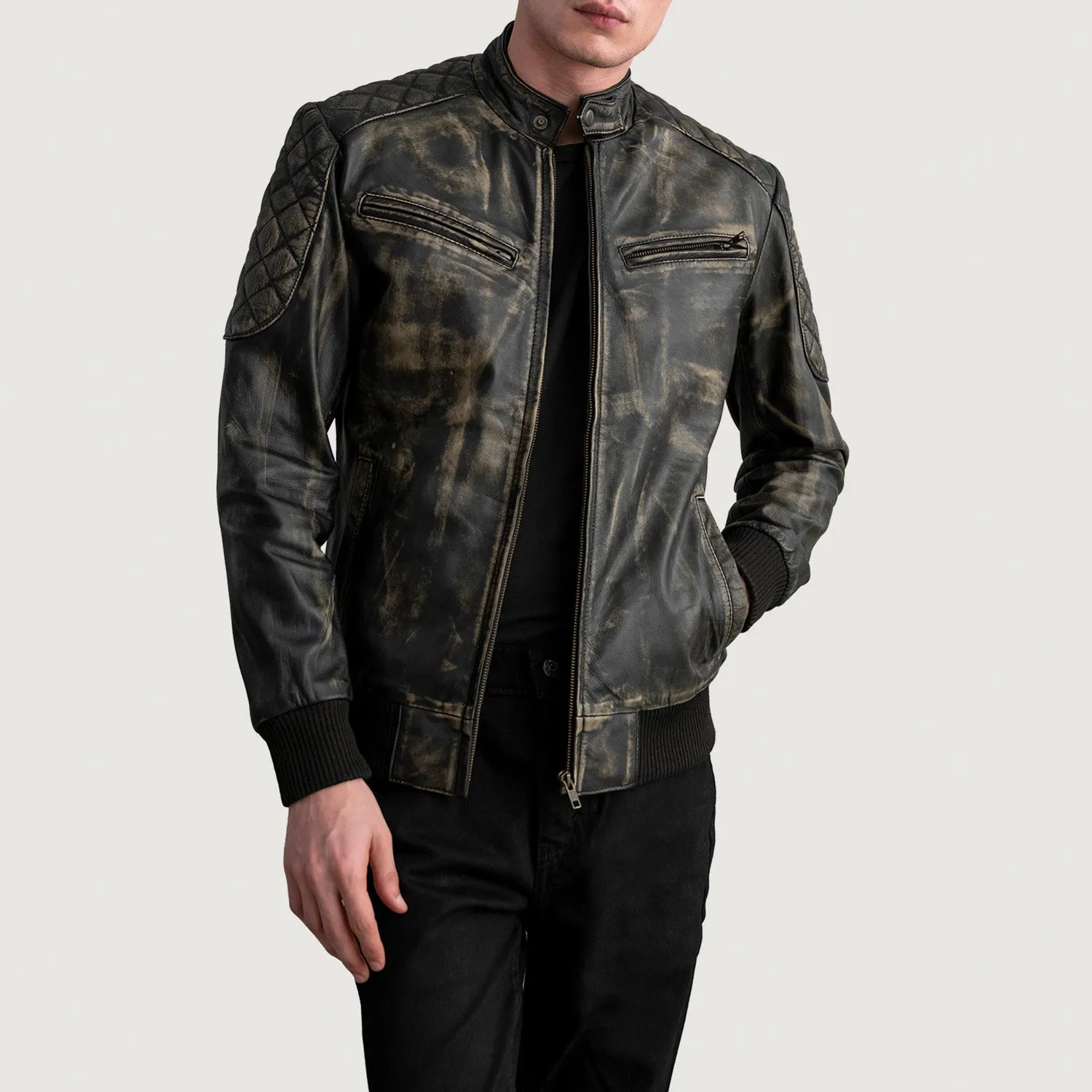 Sven Distressed Brown Leather Bomber Jacket