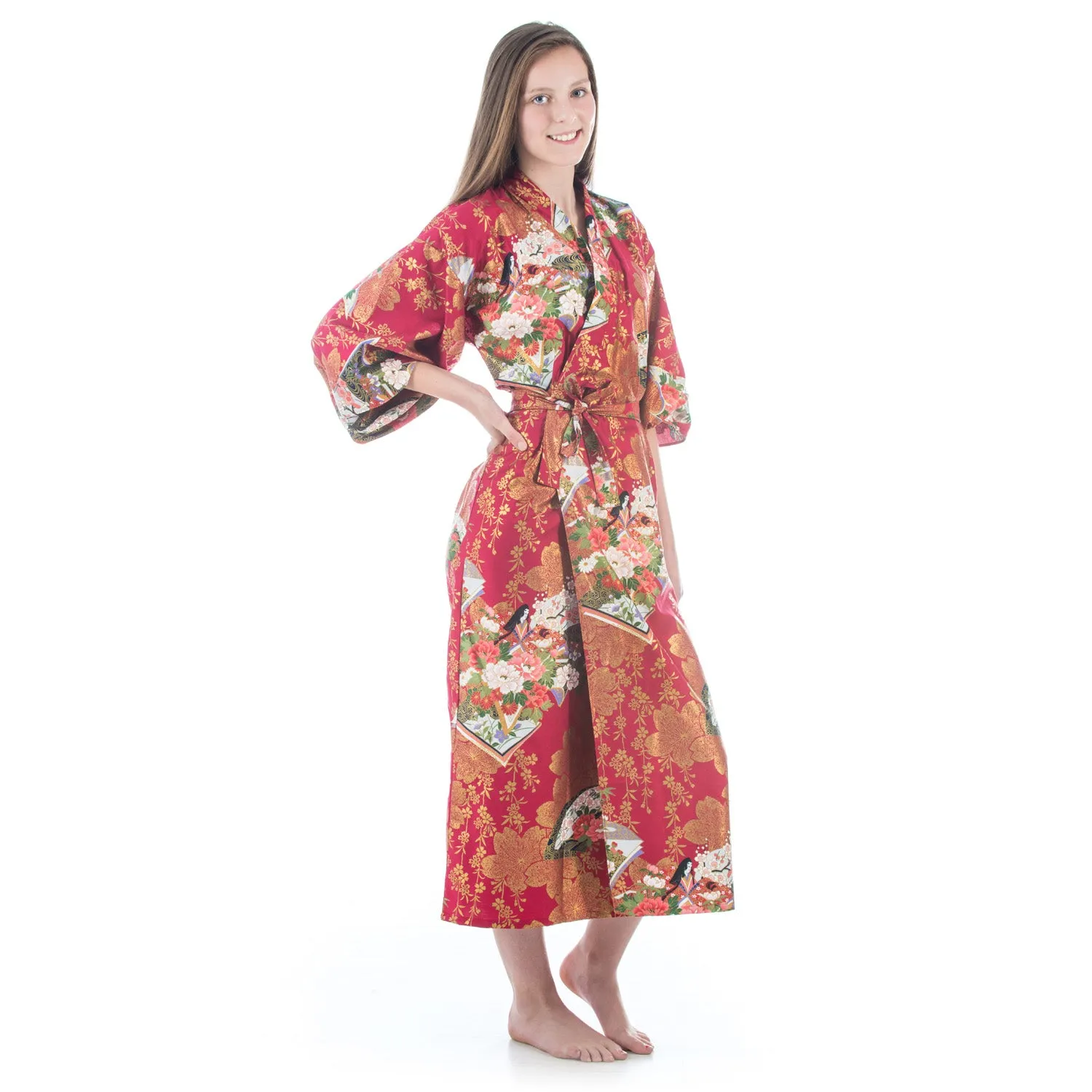 Teenage Red Cotton Japanese Girls Kimono