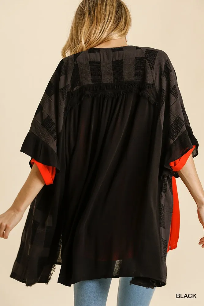 Textured Ruffle Open Front Kimono with Half Sleeve and Frayed Edged Details