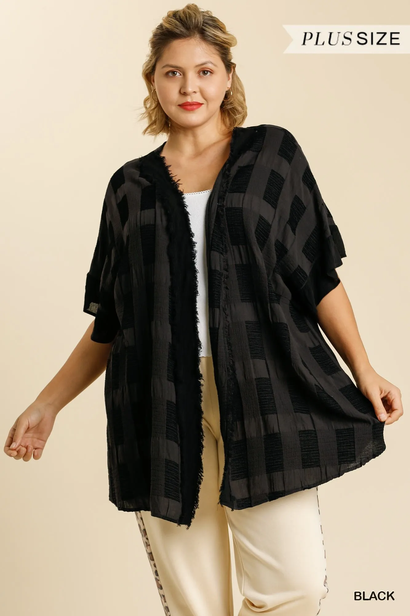 Textured Ruffle Open Front Kimono with Half Sleeve and Frayed Edged Details