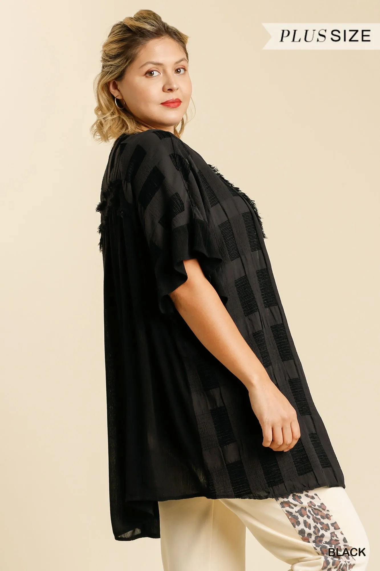 Textured Ruffle Open Front Kimono with Half Sleeve and Frayed Edged Details