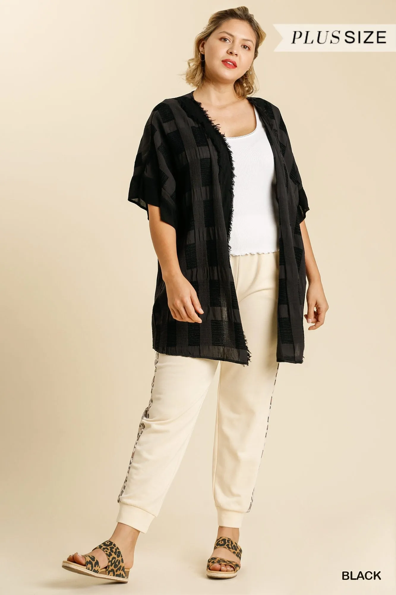 Textured Ruffle Open Front Kimono with Half Sleeve and Frayed Edged Details