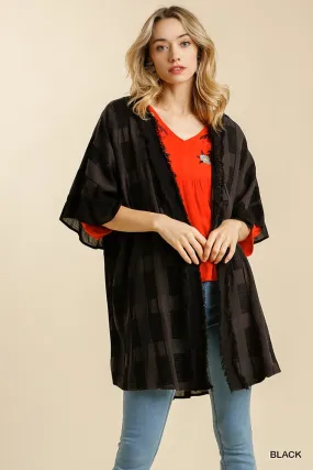 Textured Ruffle Open Front Kimono with Half Sleeve and Frayed Edged Details