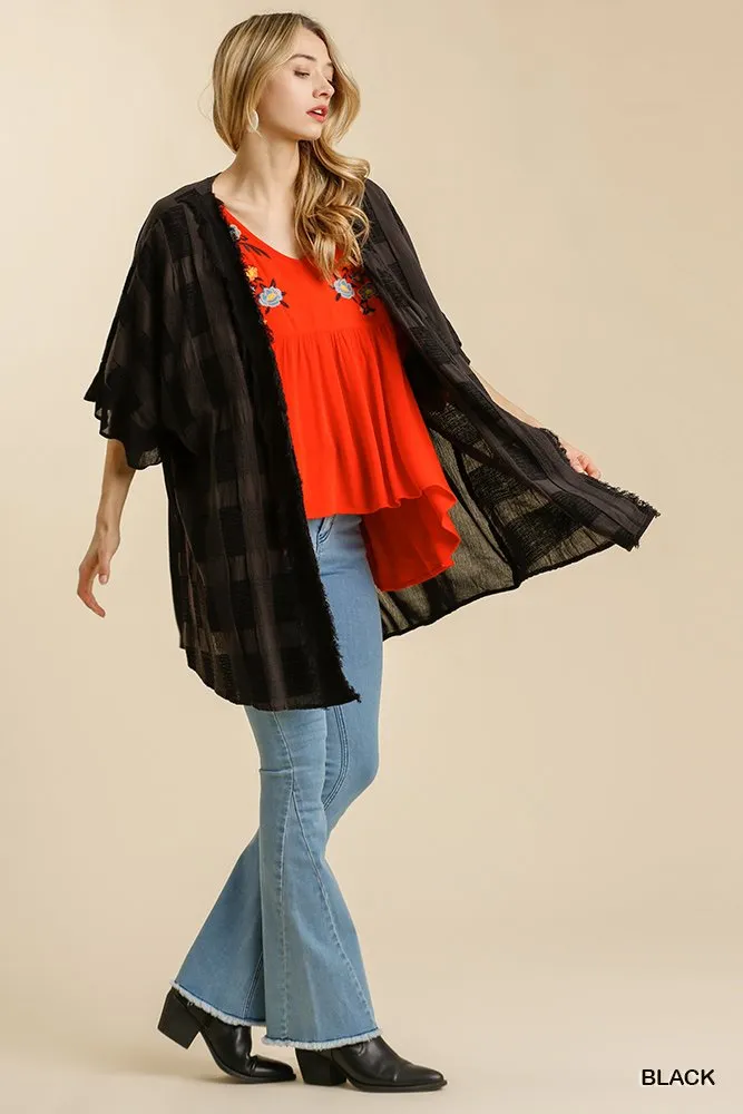 Textured Ruffle Open Front Kimono with Half Sleeve and Frayed Edged Details