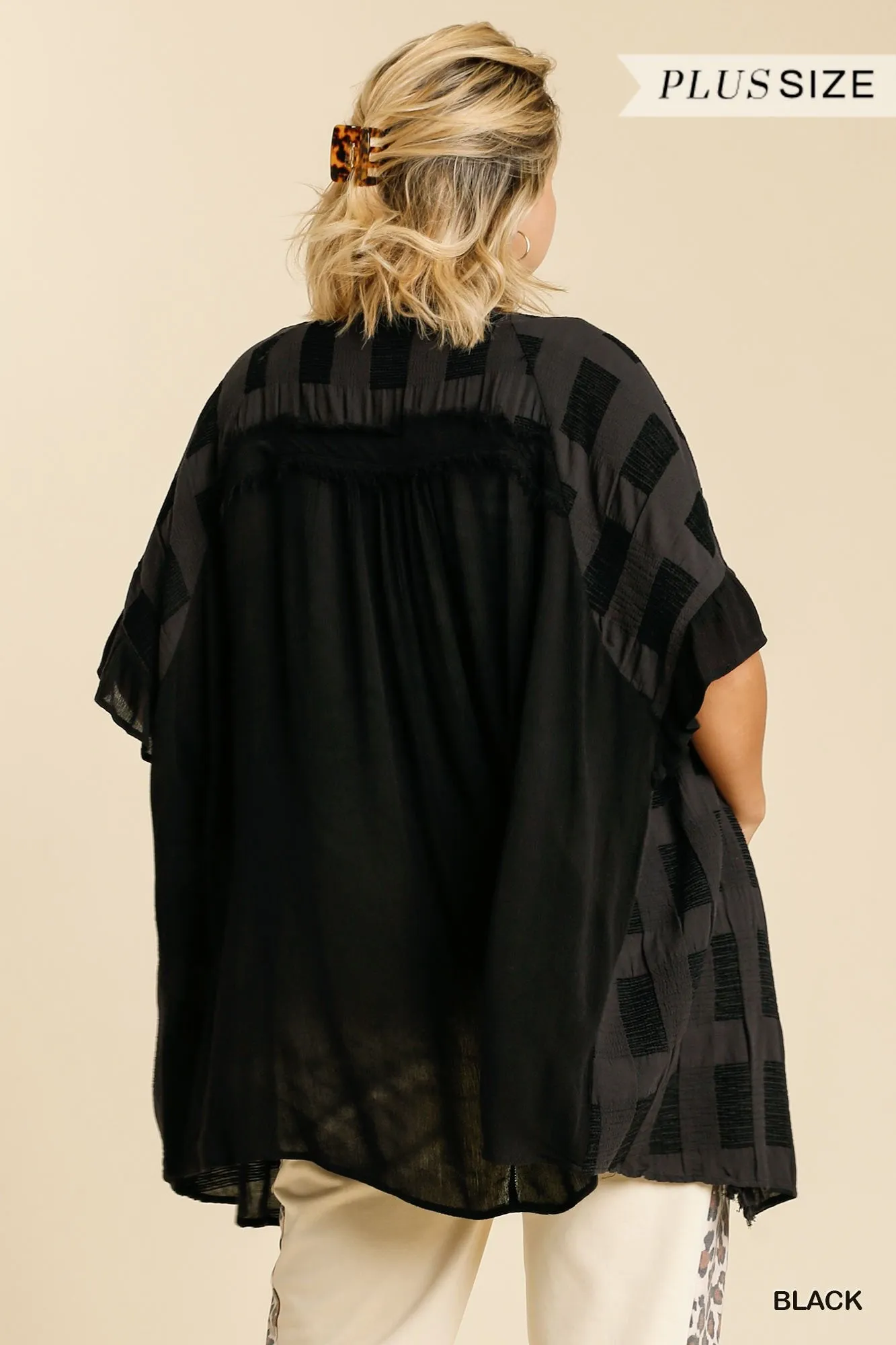 Textured Ruffle Open Front Kimono with Half Sleeve and Frayed Edged Details