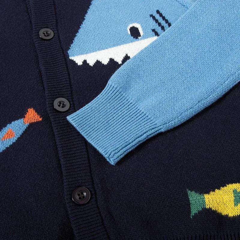 Toddler Boy Shark Print Button Design Sweater Cardigan