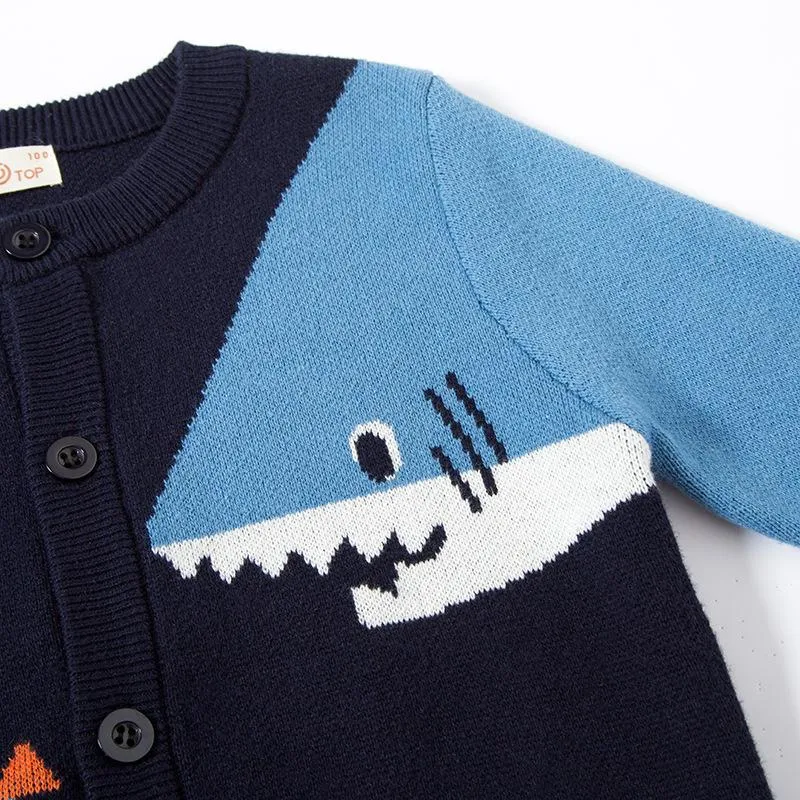 Toddler Boy Shark Print Button Design Sweater Cardigan