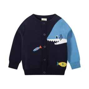 Toddler Boy Shark Print Button Design Sweater Cardigan