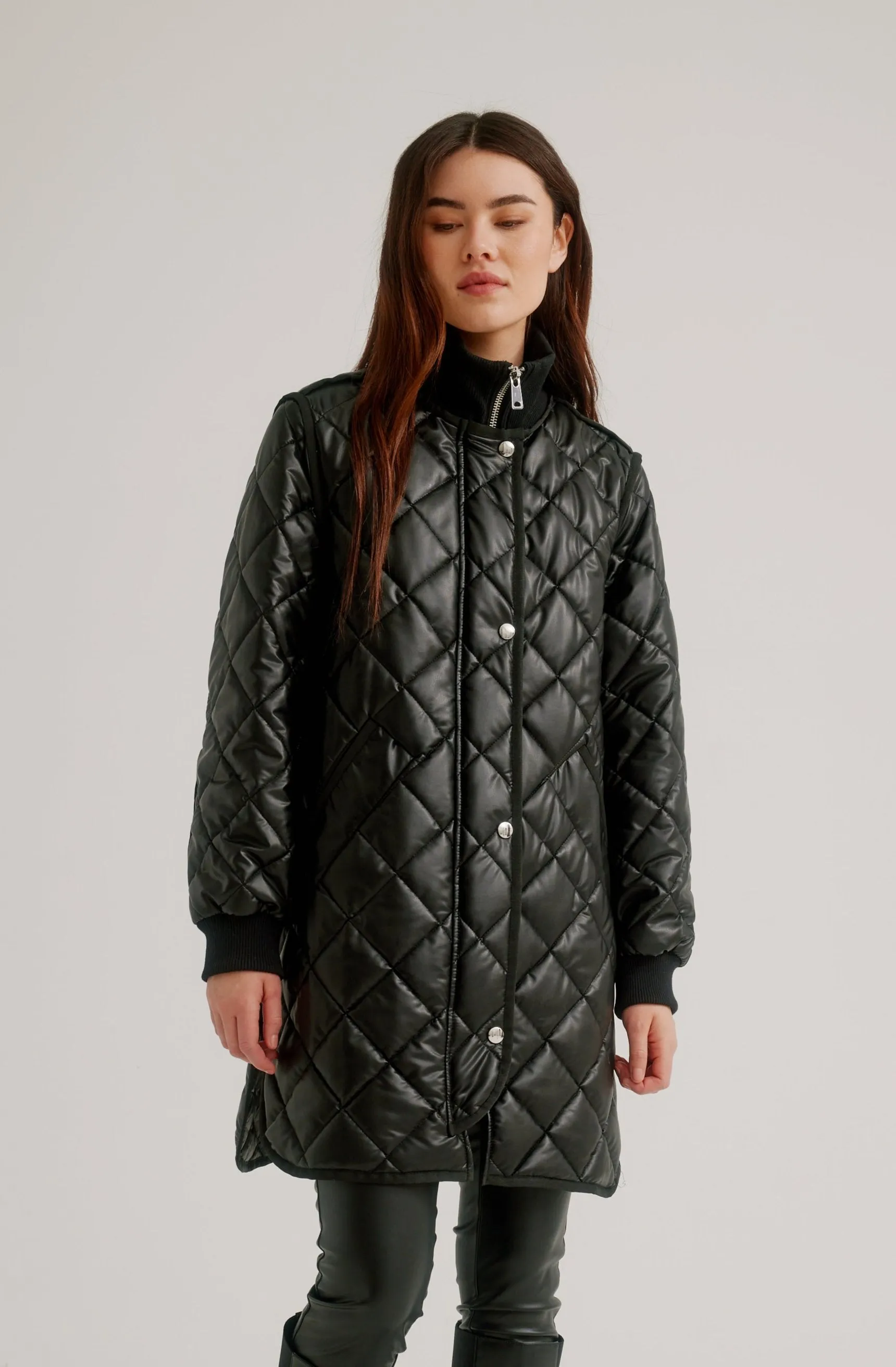 Vegan Leather Zip Front Diamond Quilted Coat