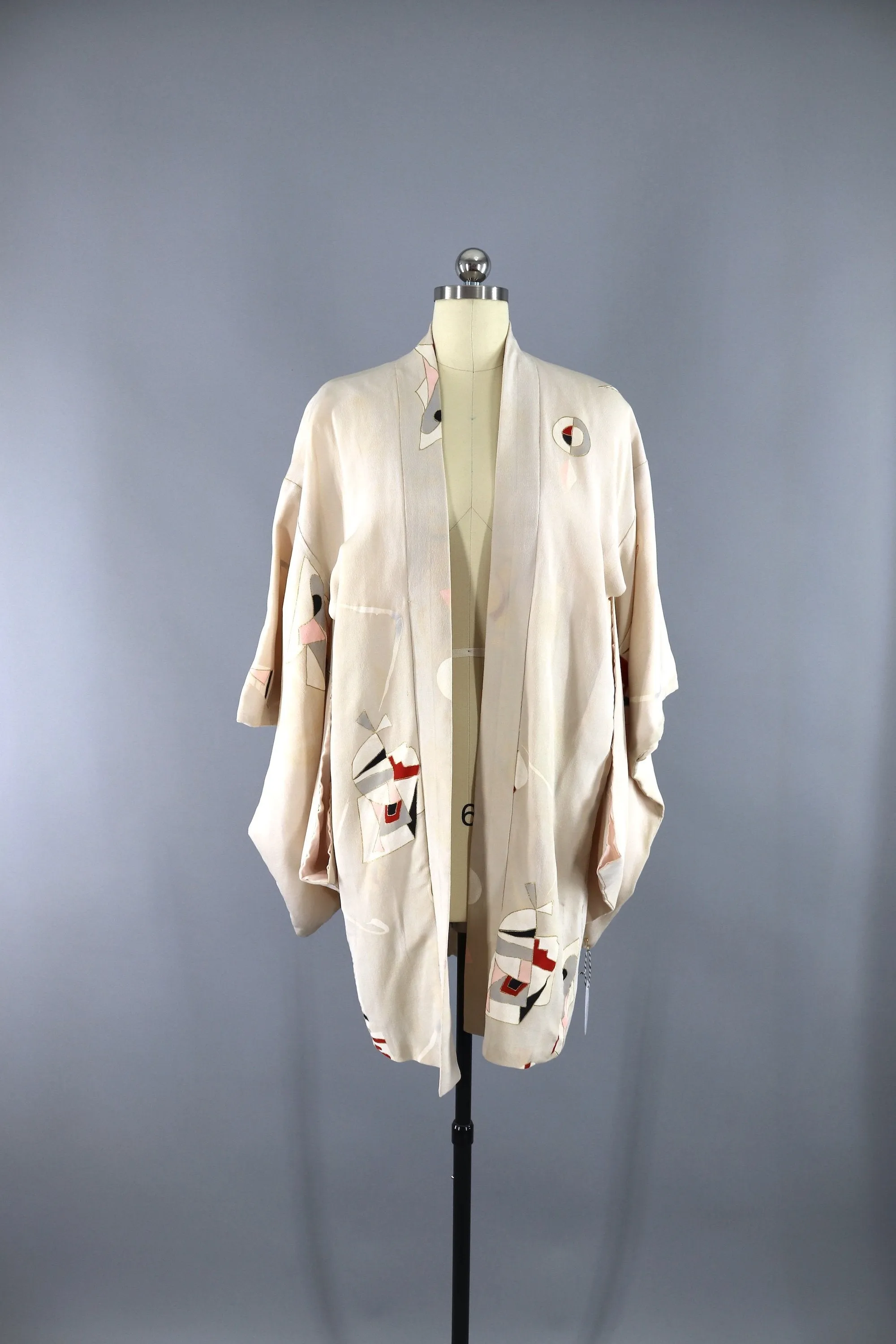 Vintage 1940s Silk Haori Kimono Cardigan Jacket / Ivory Abstract Print