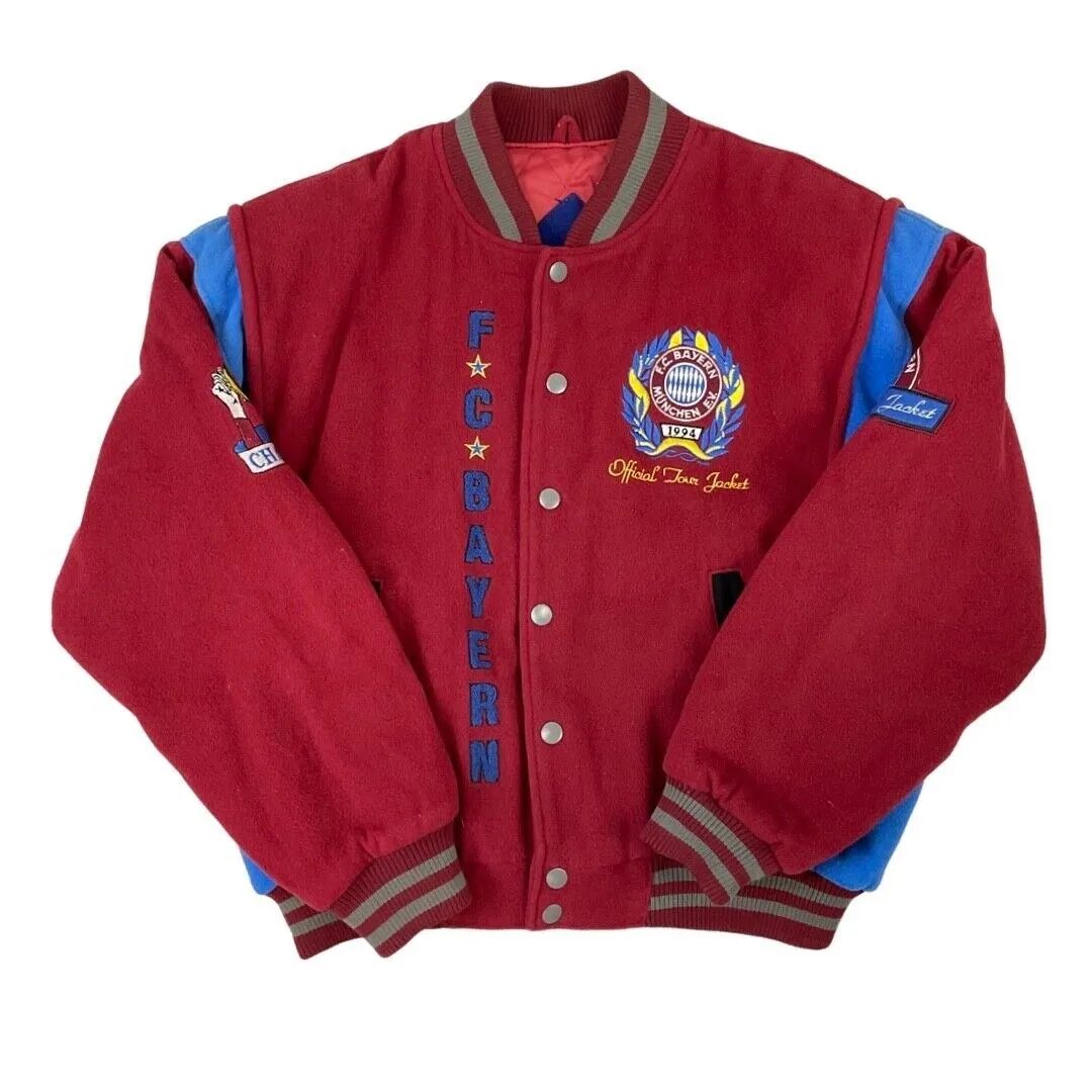 Vintage 1994 Red Bayern Munich FC Embroidered Wool Varsity Tour Jacket L