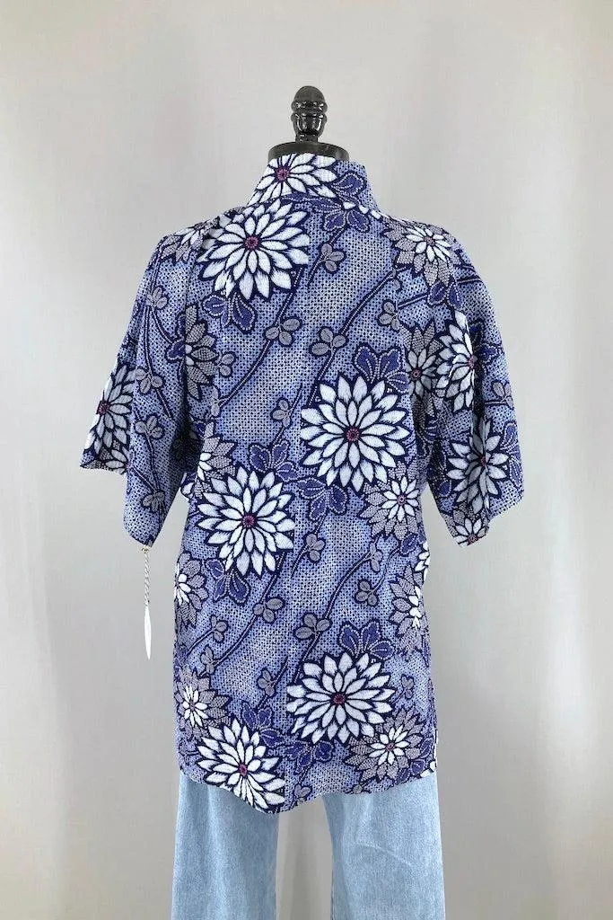 Vintage Blue Cotton Shibori Kimono Cardigan