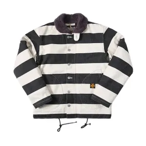 Vintage Prison Stripe Motorcycle Jacket - Men's Biker Wool Lined Coat