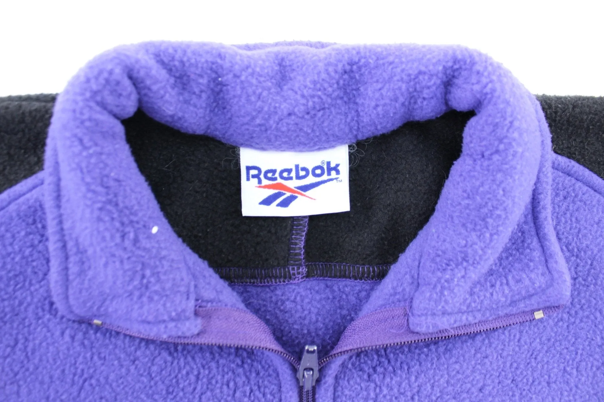 Vintage Reebok Embroidered Logo Black & Purple Fleece Pullover Jacket