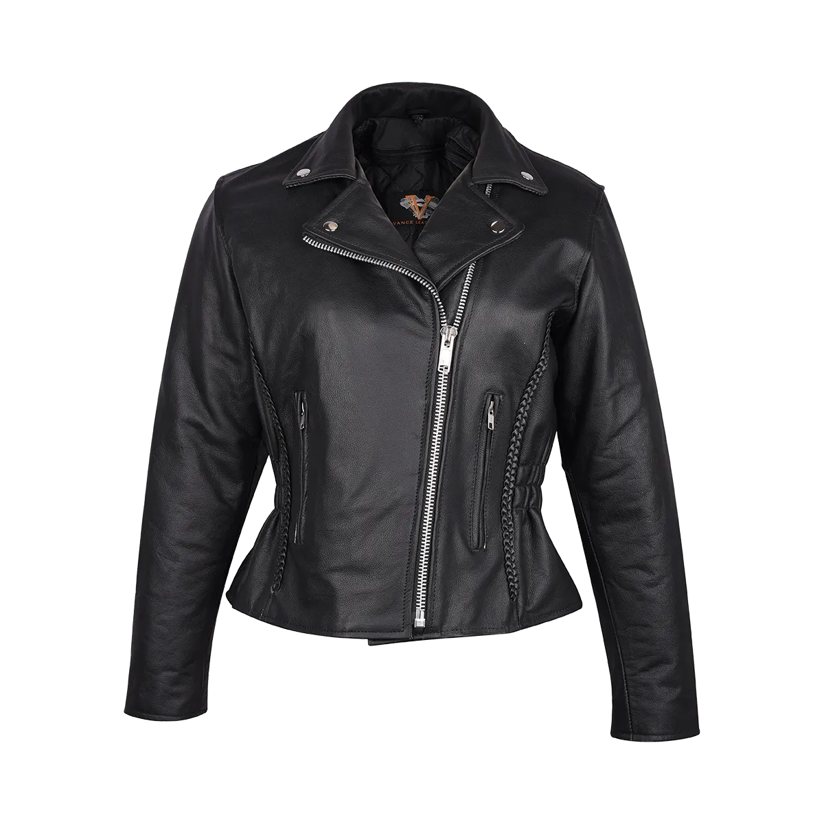 VL615 Vance Leather Ladies Premium Cowhide Braid and Stud Motorcycle Leather Jacket