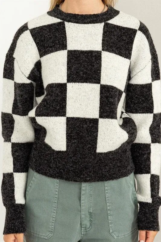 Weekend   Chill Checkered Long Sleeve Sweater